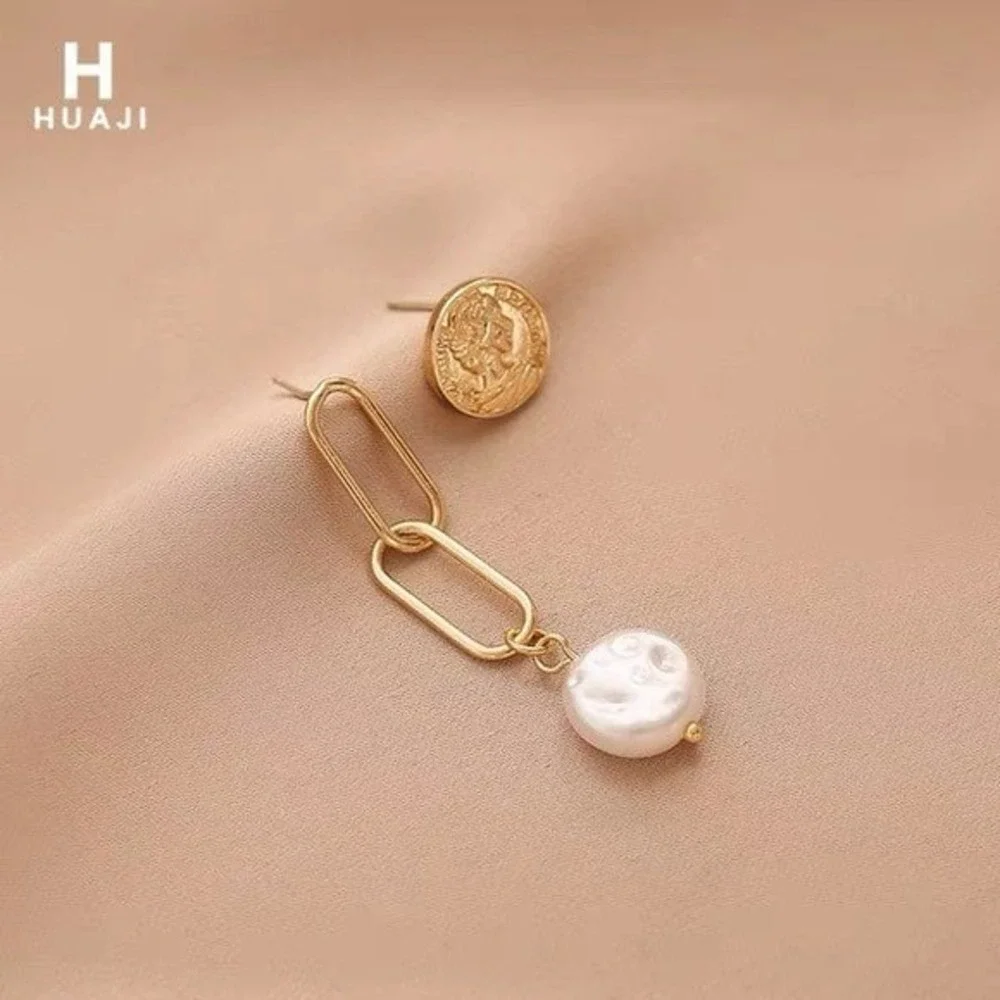 Asymmetric Real Pearl Trio Earrings Set – Unique Drop & Stud Combo Geometric New